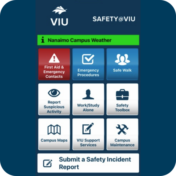 VIU Safety App homescreen