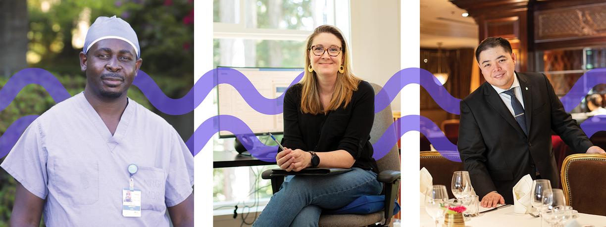 Two men and a woman in three separate squares with a purple wave pattern