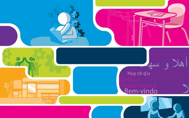 A school building, a desk, people working and foreign languages